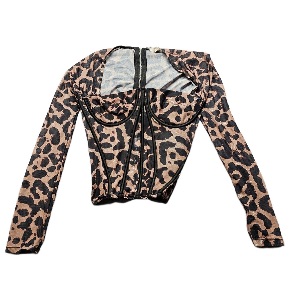 My Boo Corset Top Womens M Brown Black Leopard Print Mesh Long Sleeve Back Zip